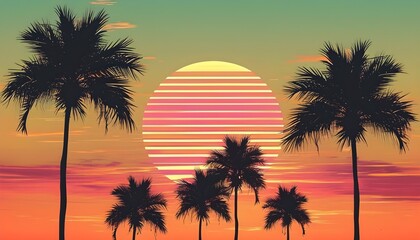 Wall Mural - Vibrant palm trees silhouetted against a sunset sky in retrofuturistic aesthetics, capturing the essence of summer vacation and synthwave vibes