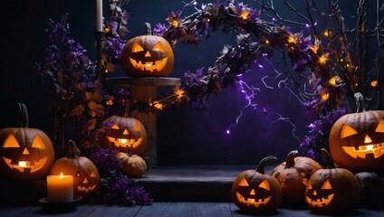 Festive holiday banner with pumpkins and violet lighting for Halloween.