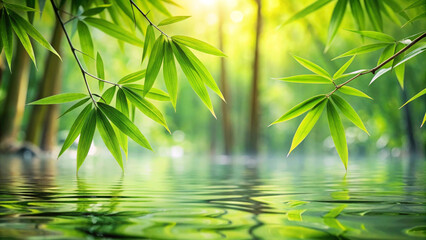 Wall Mural - Lush bamboo leaves reflect over tranquil water, creating serene and peaceful atmosphere in vibrant green environment. sunlight filters through foliage, enhancing natural beauty