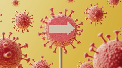 Wall Mural - Virus particles floating above a closed sign, representing pandemic lockdown, on a light yellow background.