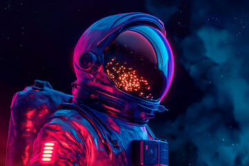 A vibrant astronaut in a futuristic space setting with glowing elements.