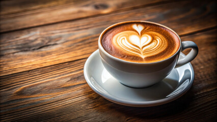 A close up of hot cappuccino in white coffee cup, beautifully decorated with heart design on top, resting on wooden table. warm tones evoke cozy atmosphere