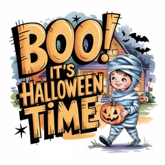 Wall Mural - Lettering Boo! It's Halloween time. Adorable mummy child trick-or-treating on halloween night with pumpkin lantern