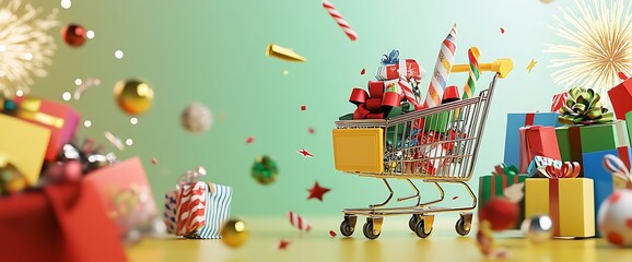 Wall Mural - Shopping cart overflowing with Christmas presents, surrounded by gift boxes, ornaments, and confetti.