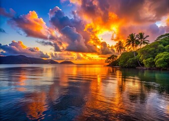 Vibrant sunset casts a warm glow over the tranquil waters of Trinity Bay, with the lush Daintree Rainforest