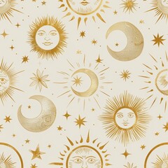 Wall Mural - retro celestial design with suns, moons, and stars in gold against a cream background, creating a vi