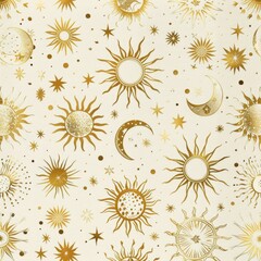 Wall Mural - retro celestial design with suns, moons, and stars in gold against a cream background, creating a vi