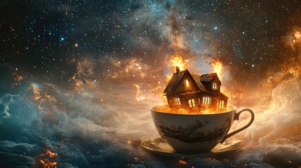 Wall Mural - a super realistic photo, vast universe background, in the picture is a teacup with an house in it, a