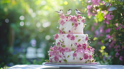 A three tiered cake with birds playing on the cake, photorealistic, cake decorated with big pink vibrant flowers, intricate details, sweet pastel colors, 