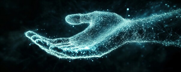 Poster - Digital hand composed of glowing particles representing technology