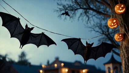 Wall Mural - Halloween bat decorations flying over a festive scene.