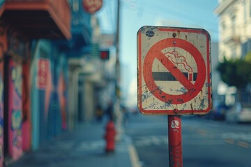 Worn no smoking sign on urban street in daylight