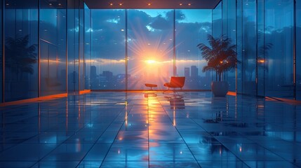 Wall Mural - zoom background 3D rendering of an office interior with a panoramic view