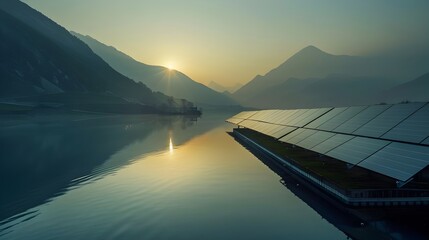 Wall Mural - Solar Farm Sunrise Reflection in Mountain Landscape Clean Energy Concept