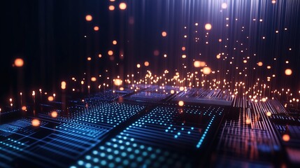 Fototapete - High-resolution 3D render of a futuristic digital background featuring glowing lights and circuit board elements on a dark blue backdrop, representing cutting-edge AI technology and abstract data scie