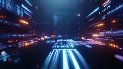 Fototapete - High-resolution 3D render of a futuristic digital background featuring glowing lights and circuit board elements on a dark blue backdrop, representing cutting-edge AI technology and abstract data scie