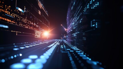 Fototapete - High-resolution 3D render of a futuristic digital background featuring glowing lights and circuit board elements on a dark blue backdrop, representing cutting-edge AI technology and abstract data scie