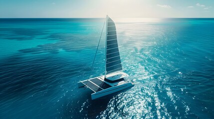 Wall Mural - solar powered yacht sailing in pristine ocean with clear blue skies