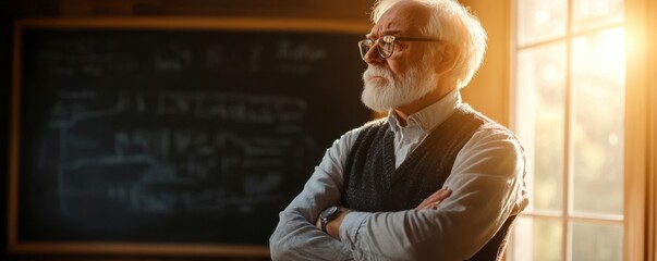 Wall Mural - Old teacher is standing in front of blackboard with arms crossed at school, banner. Generative AI.