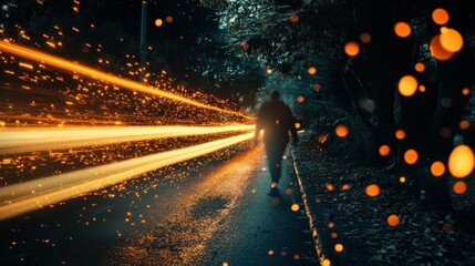 Poster - A solitary figure walks along a road, illuminated by light trails and surrounded by glowing orbs.