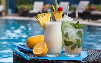 Tropical Cocktails with Fruit Garnishes by the Poolside, Perfect for a Summer Party