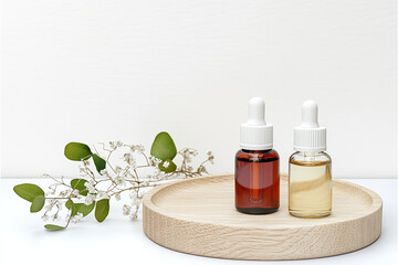 A wooden tray with two bottles of essential oils and a leafy branch, blank bottle, mockup