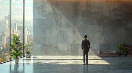 Canvas Print - A businessman stands in a large, modern office with a view of the city.