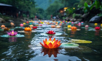 The Loy Krathong Festival takes place in a scenic mountain village, where vibrant krathongs drift along a crystal-clear mountain river, creating a peaceful and festive ambiance