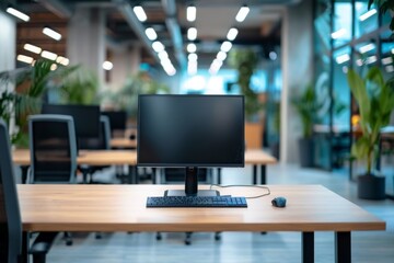 Modern office workstations with chairs and desks and monitors