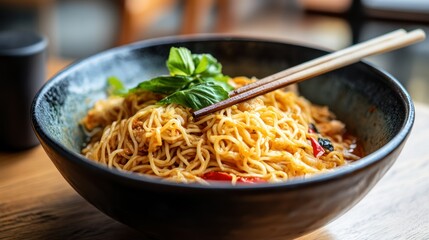 Wall Mural - A bowl of noodles garnished with basil, showcasing a delicious meal.