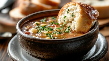 Canvas Print - A hearty bowl of soup garnished with herbs, accompanied by a piece of bread.