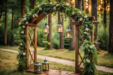 Rustic wedding arches with lanterns and greenery, Village charm mood, wooden frame style, earthy colors, whimsical concept