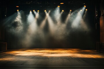 An empty theater stage with dramatic lighting, featuring multiple spotlights that illuminate the stage floor. generative ai