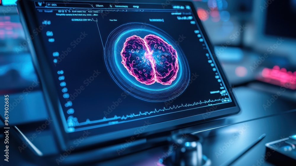 Neuroscience Tech High-tech monitor displaying a luminous brain illustration, symbolizing ...