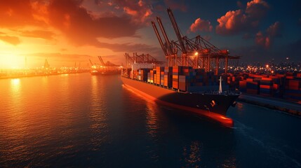 Cargo ship at sunset in a busy port with towering cranes loading and unloading containers, creating a vibrant shipping and logistics scene.