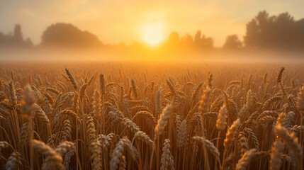 a wheat field with the morning sun behind it