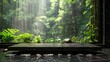 A stone bench is in front of a lush green forest