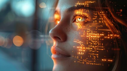 Close up of a futuristic woman's face with a digital code projected on her face. Concept of artificial intelligence and internet technologies. Idea of coding and technological innovation.