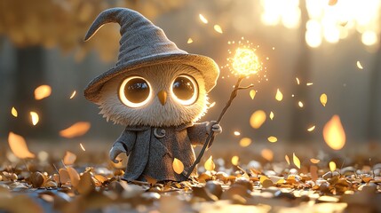 Owl in a wizard robe and pointed hat, holding a glowing staff, wizard owl, wise magical creature