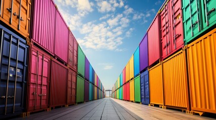 Colorful shipping containers lined up in a port under a blue sky, representing global trade and logistics industry.