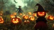 © Naphol - A spooky Halloween night scene featuring glowing pumpkins and a mysterious scarecrow in a foggy, enchanted landscape.