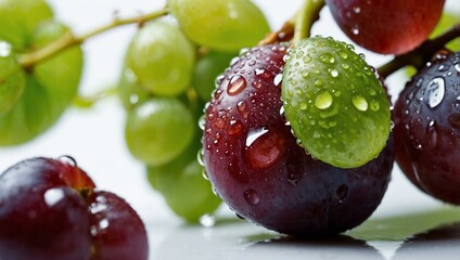 Macro close-up of fresh grapes with water droplets on a white background.