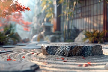 A stone in a garden with red leaves on the ground