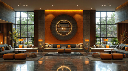 Canvas Print - Spacious hotel lobby with large windows,  an orange wall, and plush seating.