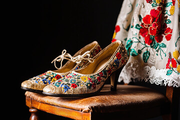 a traditional Cuban dance scene depicted through a pair of elegant, well-worn dance shoes and a colorful embroidered dance dress displayed on a chair