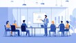 © Pannin - A meeting concept with a leader presenting to a team in a glass-walled conference room, illustrating transparency and open communication.