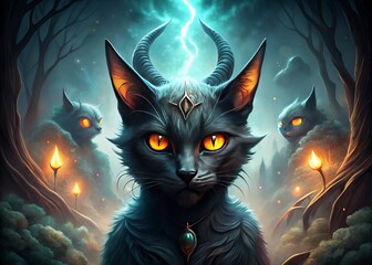 Wall Mural - Spooky cat illustration graphic design dark fantasy creature shadows darkness eerie eyes glowing eyes fangs horns witch's curse monster ghostly apparition mysterious haunting