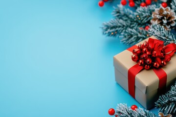 A beautifully wrapped Christmas gift with a red ribbon surrounded by frosted pine branches and berries on a blue background. Perfect for holiday celebrations and winter themes. Generated AI