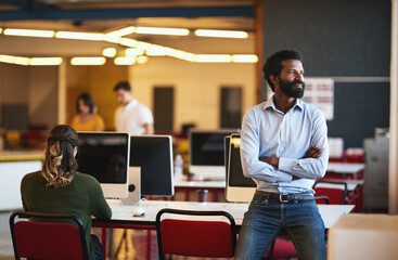 Wall Mural - Thinking, office and business black man with crossed arms with idea, solution and insight for company. Creative startup, entrepreneur and person for problem solving, brainstorming and reflection