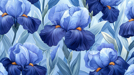 Floral Irises Seamless Pattern with Pastel Blue and Purple Petals for Elegant Wallpaper